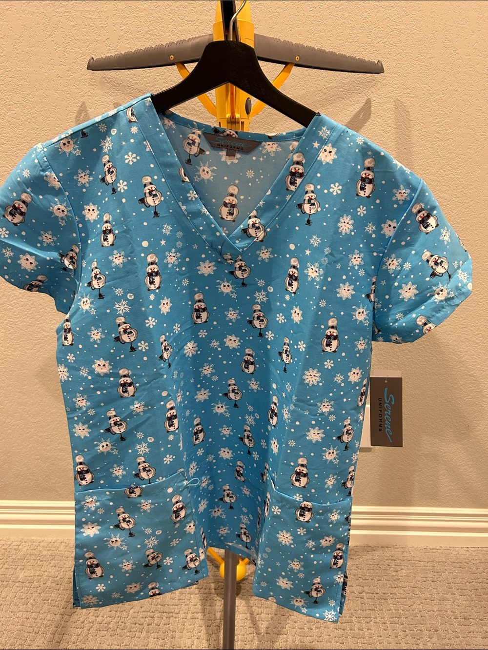 Serene Blue Snowman Print V-Neck Medical Scrub Top